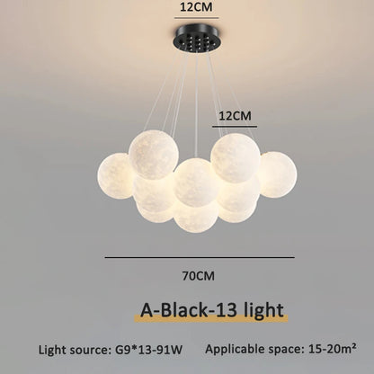 Black flush mount moon chandelier, 13 moons with 12cm globes, 70cm cluster