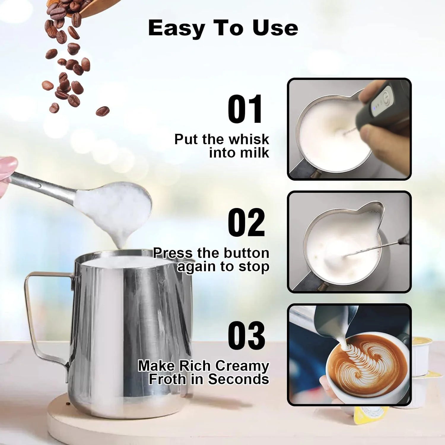 USB rechargeable frother stainless steel whisk head