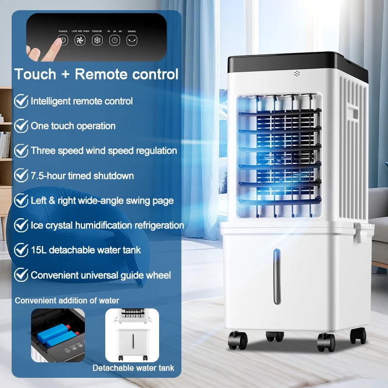 Evaporative Air Cooler 15L | Portable Swamp Cooler Fan with Remote & Ice Crystal Cooling for Home