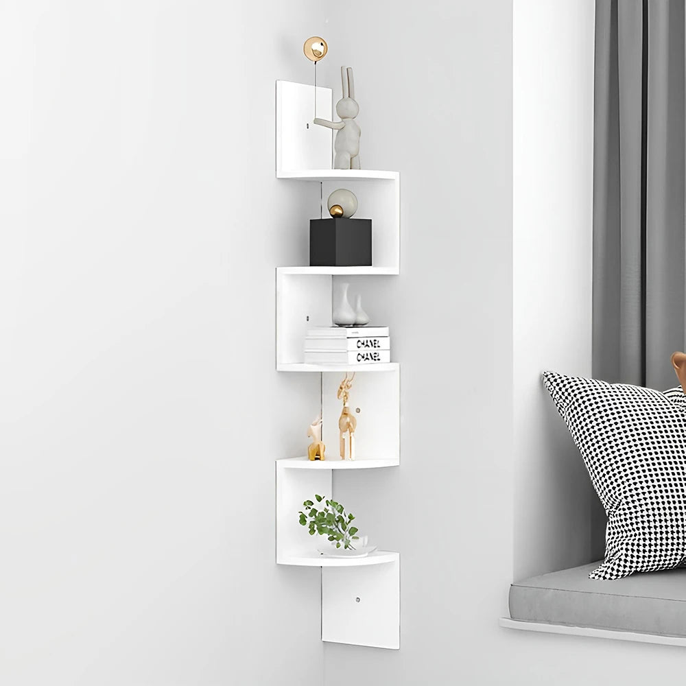Corner Wall Shelf | Zigzag Floating Bookshelf 5-Tier Wood