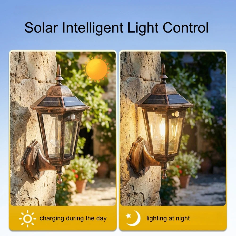 Vintage Solar Wall Lantern | Retro Outdoor Garden Light in Brass or Black