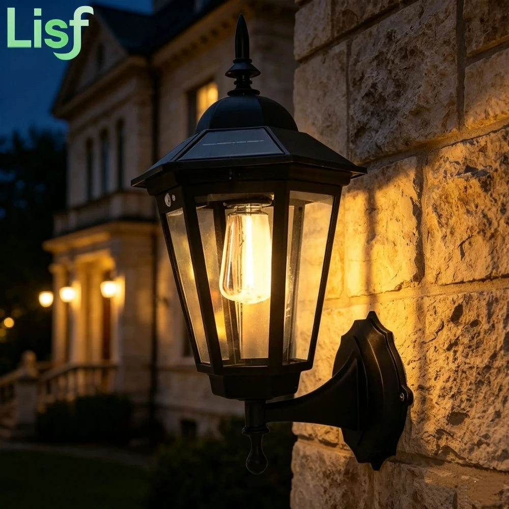 Vintage Solar Wall Lantern | Retro Outdoor Garden Light in Brass or Black
