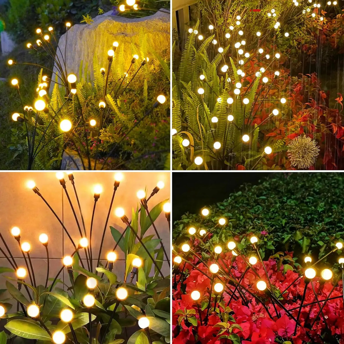Solar firefly stake lights in warm white and multicolour across a garden border