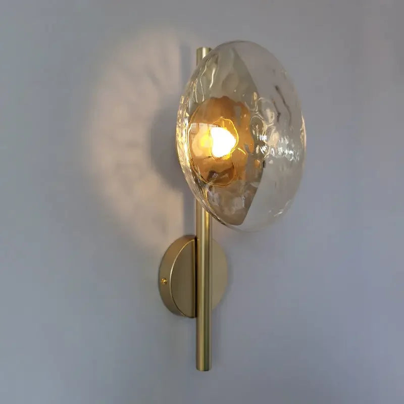 Glass Wall Light | Modern Dimpled Glass Sconce for Living Room, Bedside, Hallway & Stairs | Amber, Grey or Clear, Flush or Rod Style, Gold or Black