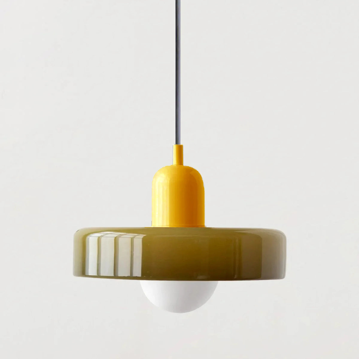 Mustard and olive retro fluted glass pendant light, 25cm ribbed glass disc
