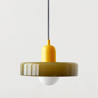 Mustard and olive retro fluted glass pendant light, 25cm ribbed glass disc