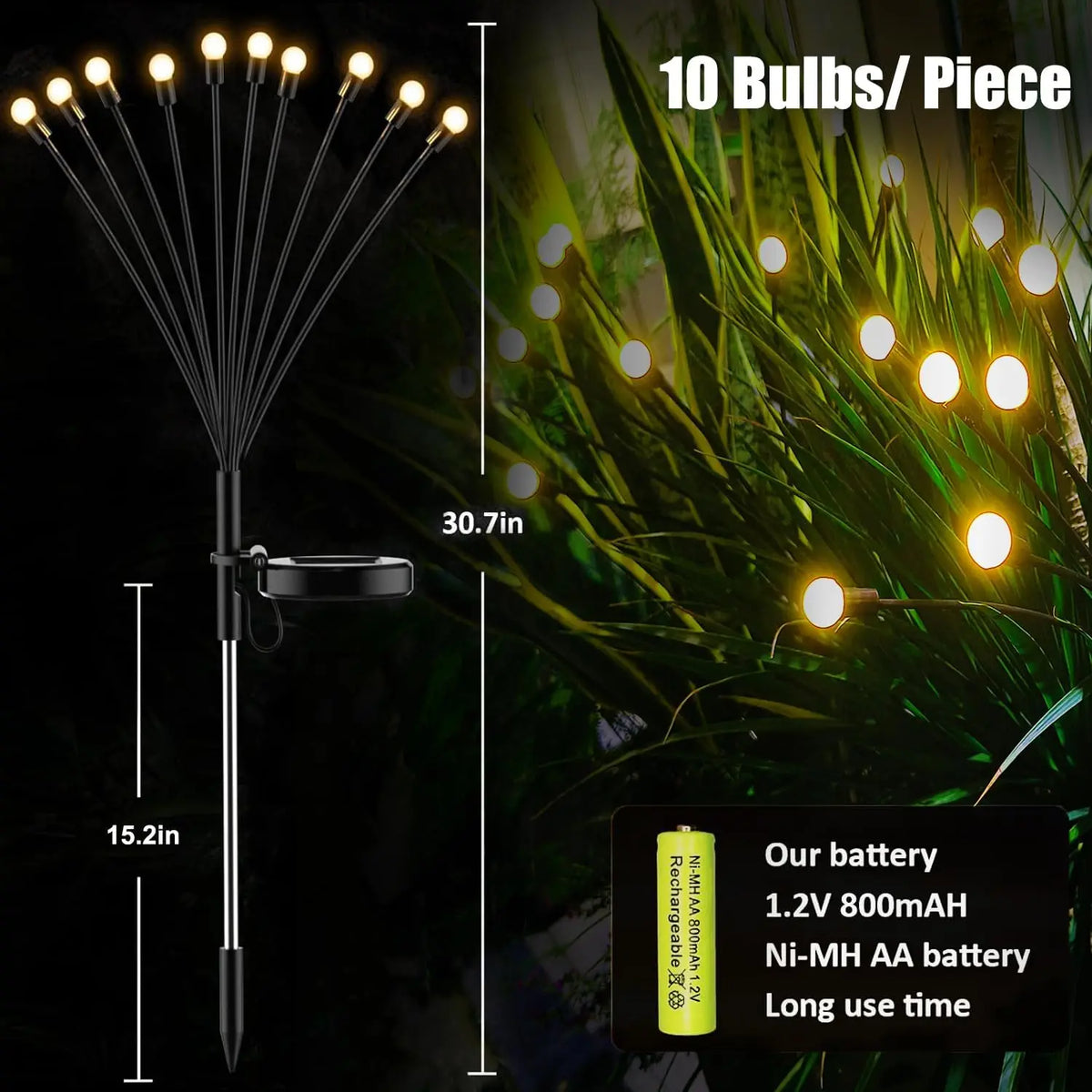 Ten LED solar firefly stake light with black wire stems and solar panel