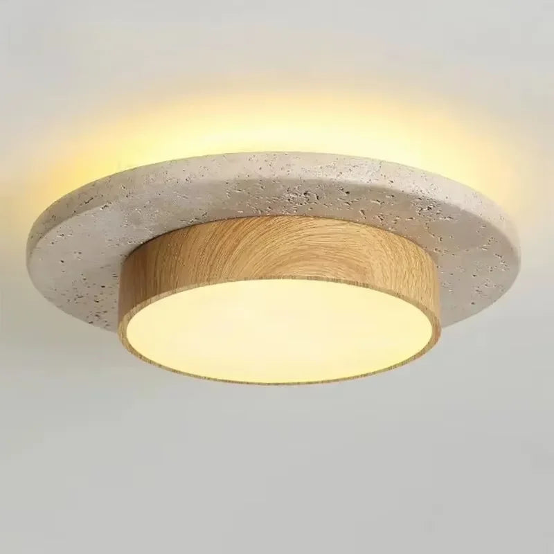 Flush Ceiling Light | Natural Stone & Wood Round Ceiling Lamp for Hallway, Bedroom & Living Room | Japandi Wabi Sabi LED D22cm, Yellow or Brown
