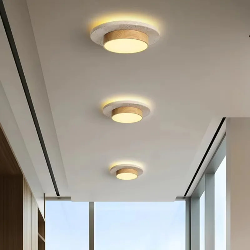 Flush Ceiling Light | Natural Stone & Wood Round Ceiling Lamp for Hallway, Bedroom & Living Room | Japandi Wabi Sabi LED D22cm, Yellow or Brown