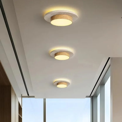 Flush Ceiling Light | Natural Stone & Wood Round Ceiling Lamp for Hallway, Bedroom & Living Room | Japandi Wabi Sabi LED D22cm, Yellow or Brown