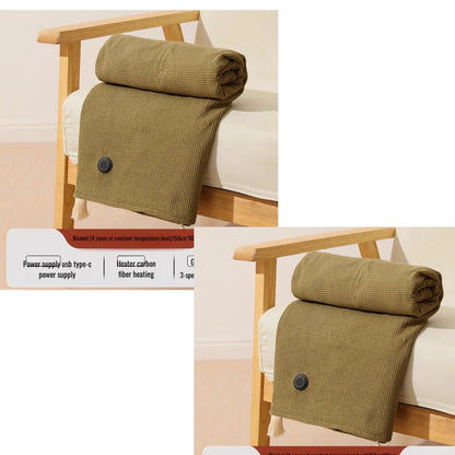 Olive green heated throw blanket with USB heating control