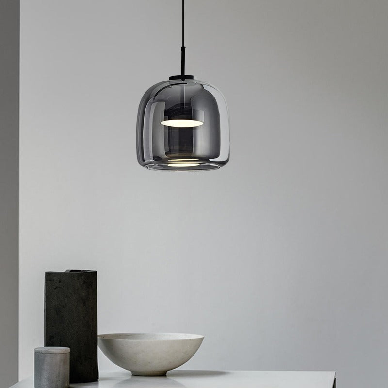 Pendant Light | Cognac or Smoke Grey Glass Halo Lamp for Kitchen Island, Dining Table & Bedside | Double-Layer Glass Dome, 3-Colour LED, 2.5m Cord