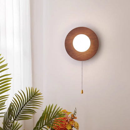 Wall Light | Walnut-Finish Wood Disc Sconce with Pull Cord Switch for Bedside, Hallway & Reading Nook | Opal Glass Globe, Warm LED, 20cm