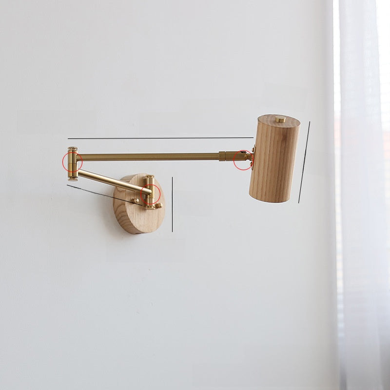 Natural wood swing arm wall light, arm extended