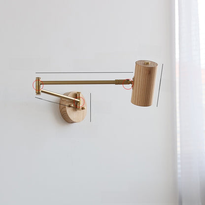 Natural wood swing arm wall light, arm extended