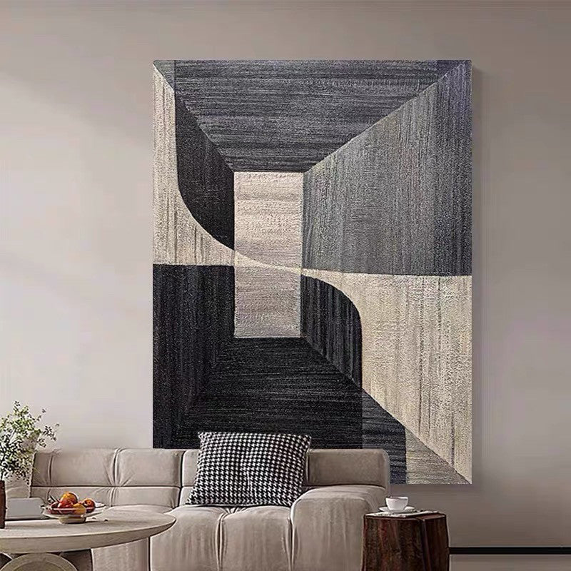 Style E — charcoal geometric abstract, room view