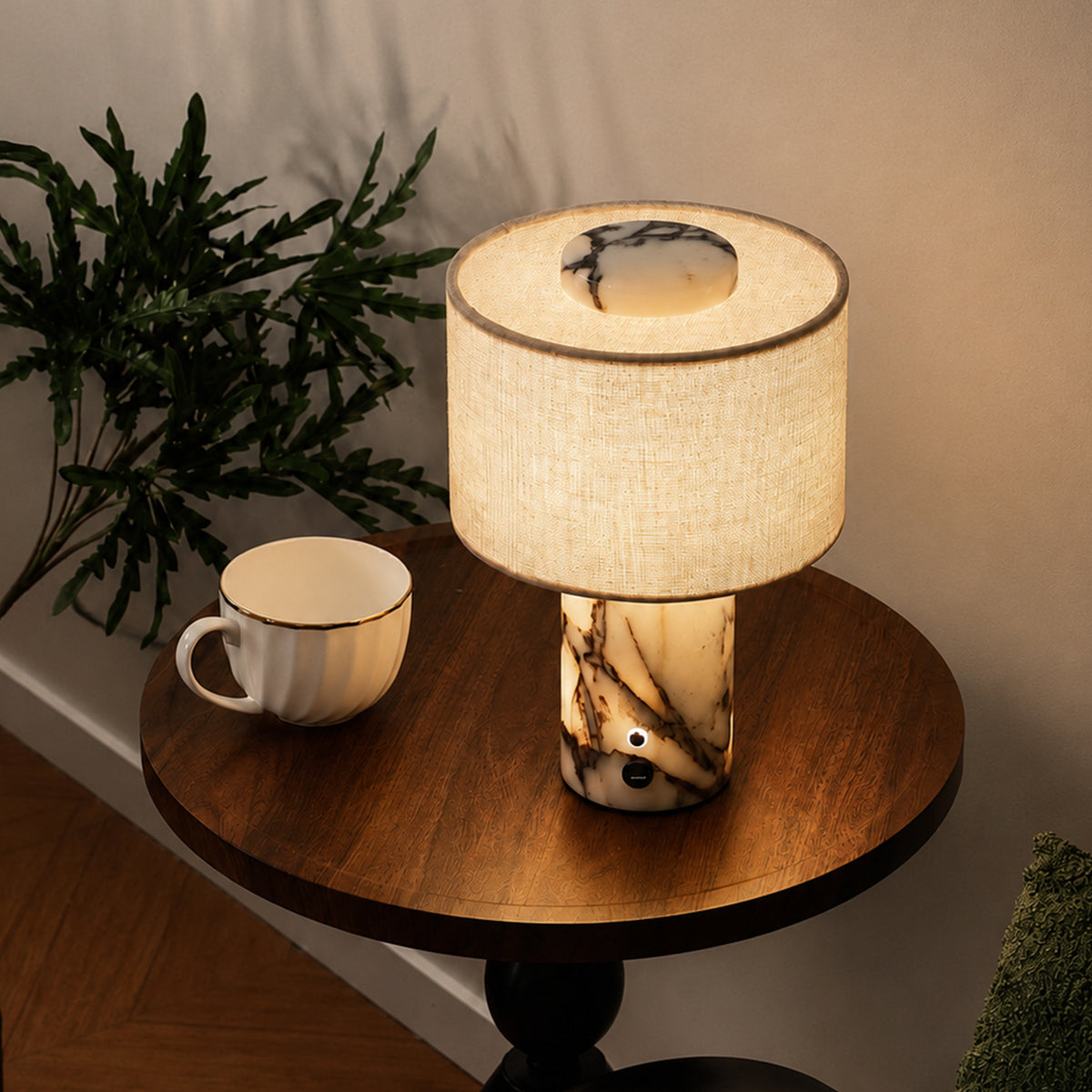 Rechargeable Table Lamp | Cordless Marble Bedside Lamp with Linen Drum Shade for Bedroom, Living Room & Dining | Touch Dimmable LED, 4 Finishes