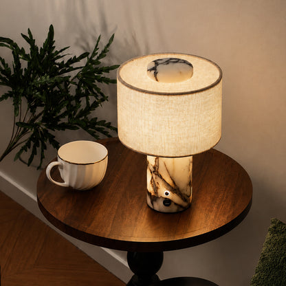 Rechargeable Table Lamp | Cordless Marble Bedside Lamp with Linen Drum Shade for Bedroom, Living Room & Dining | Touch Dimmable LED, 4 Finishes