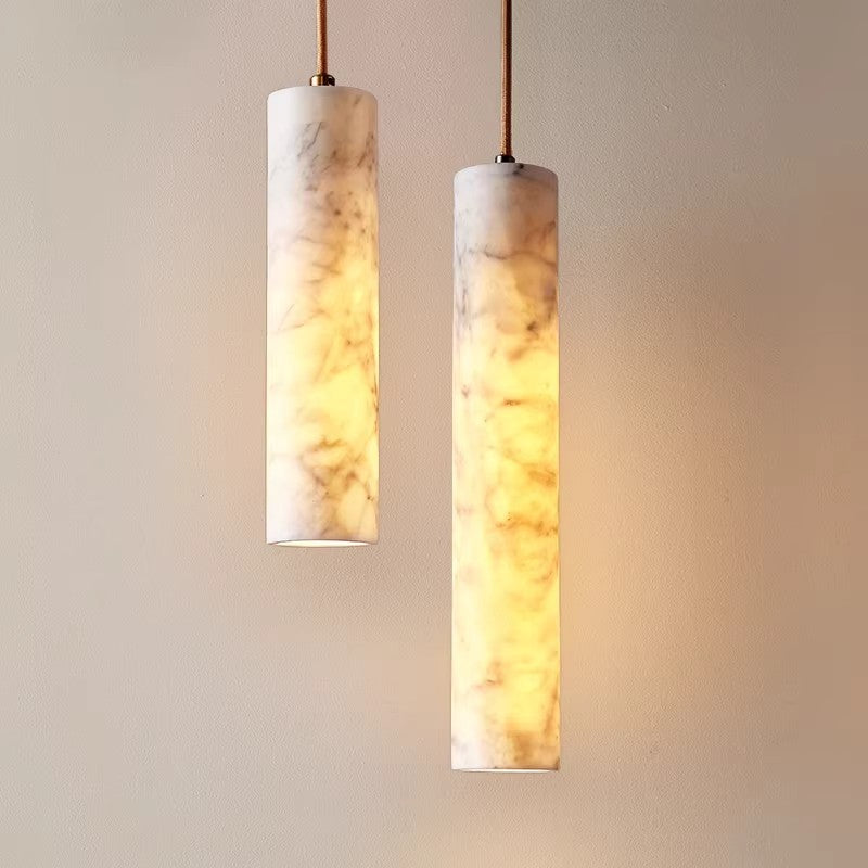 Pendant Light | Marble Cylinder Bedside Ceiling Lamp for Bedroom, Hallway & Dining | Natural Stone Tube Shade, Copper or Black Iron, 6x25cm, E27 Bulb Included