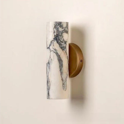 Wall Light | Natural Marble Up & Down Cylinder Sconce for Hallway, Bedroom & Living Room | Brass-Tone Back Plate, Warm LED, 24cm