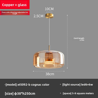 Pendant Light | Cognac or Smoke Grey Glass Halo Lamp for Kitchen Island, Dining Table & Bedside | Double-Layer Glass Dome, 3-Colour LED, 2.5m Cord