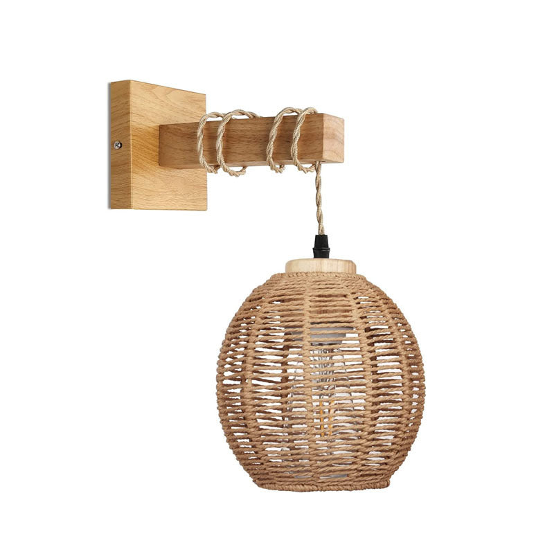 Woven Bamboo Wall Sconce with Wooden Arm for Bedroom, Bedside & Living Room – photo 10