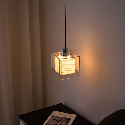 Pendant Light | Glass & Paper Cube Lamp for Bedside, Bar & Kitchen Island | Japandi Clear Glass Box with Rice-Paper Shade, E27 LED, 15cm x 18cm