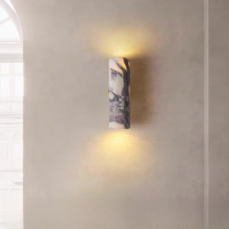 Wall Light | Natural Marble Up & Down Cylinder Sconce for Hallway, Bedroom & Living Room | Brass-Tone Back Plate, Warm LED, 24cm