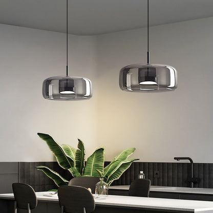 Pendant Light | Cognac or Smoke Grey Glass Halo Lamp for Kitchen Island, Dining Table & Bedside | Double-Layer Glass Dome, 3-Colour LED, 2.5m Cord