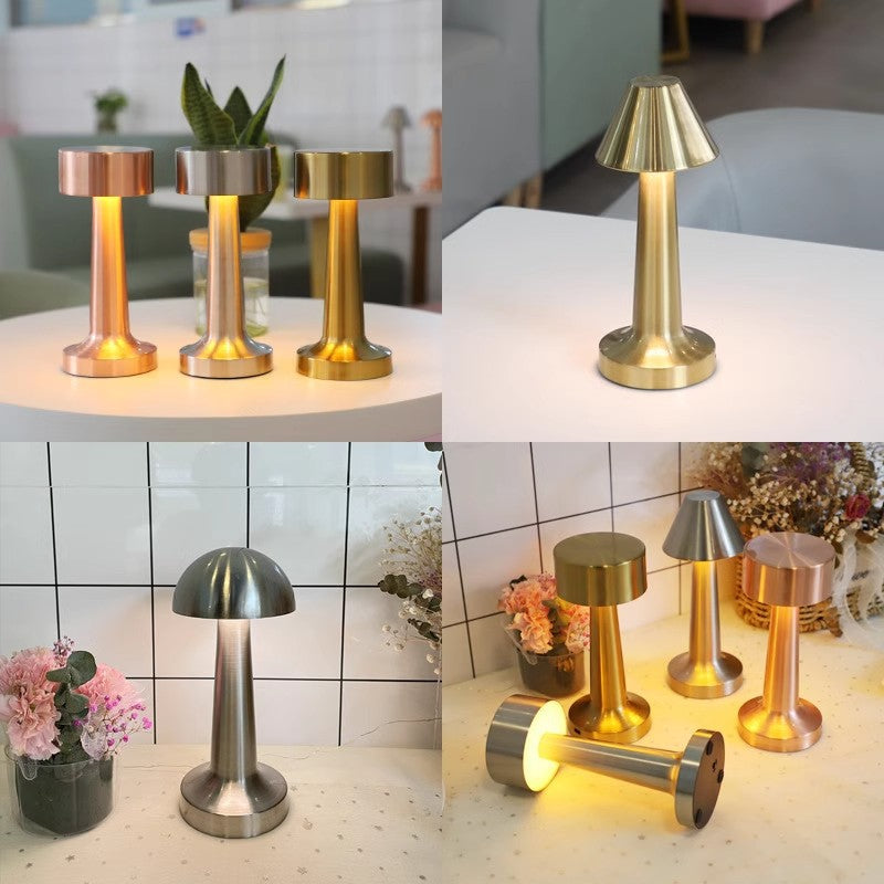 Rechargeable Table Lamp | Mini Dumbbell Night Light for Bedside, Desk, Bar & Shelf | Metal in Gold, Silver or Red Bronze, USB, 3-Colour, 4 Styles