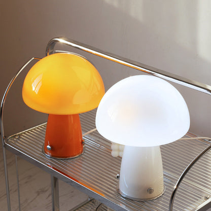 Mushroom Table Lamp | Glass Bedside Lamp for Bedroom, Living Room & Desk | Retro Orange or Opal White Glass, 28cm, Warm LED, UK Plug