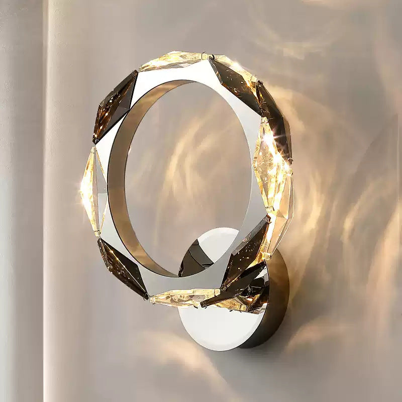 Wall Light | Crystal Ring LED Sconce for Living Room, Bedroom & Hallway | Chrome Finish, Faceted Crystal Panels, Modern Glam, 29cm