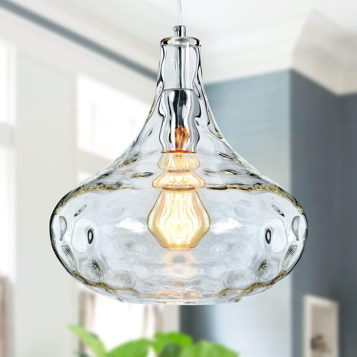 Pendant Light | Hammered Glass Gourd Lamp for Kitchen Island, Dining Table & Hallway | Clear Ripple Glass, Brushed Nickel, E27, 27cm, 120cm Cord