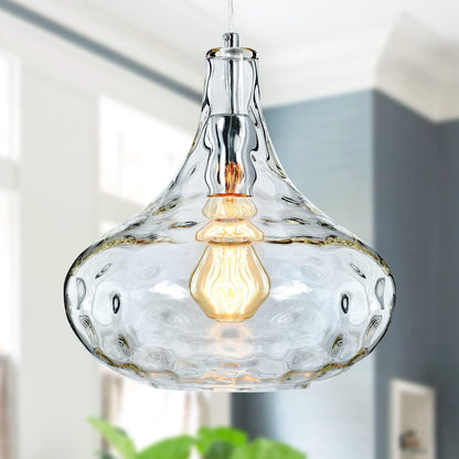 Pendant Light | Hammered Glass Gourd Lamp for Kitchen Island, Dining Table & Hallway | Clear Ripple Glass, Brushed Nickel, E27, 27cm, 120cm Cord