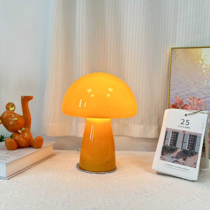 Mushroom Table Lamp | Glass Bedside Lamp for Bedroom, Living Room & Desk | Retro Orange or Opal White Glass, 28cm, Warm LED, UK Plug