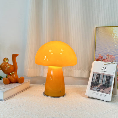 Mushroom Table Lamp | Glass Bedside Lamp for Bedroom, Living Room & Desk | Retro Orange or Opal White Glass, 28cm, Warm LED, UK Plug