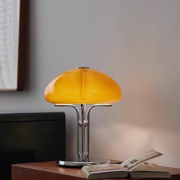 Mushroom Table Lamp | Retro Amber Glass Bedside Lamp with Chrome Stand for Bedroom, Living Room & Study | 30cm LED, Warm or 3-Colour, Dimmer Option