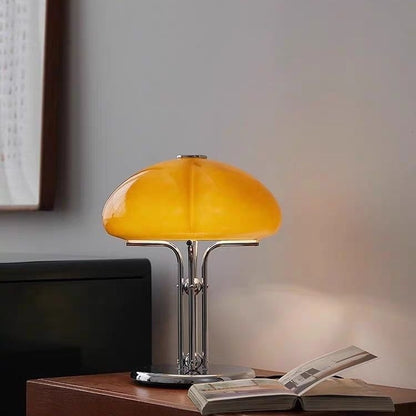 Mushroom Table Lamp | Retro Amber Glass Bedside Lamp with Chrome Stand for Bedroom, Living Room & Study | 30cm LED, Warm or 3-Colour, Dimmer Option