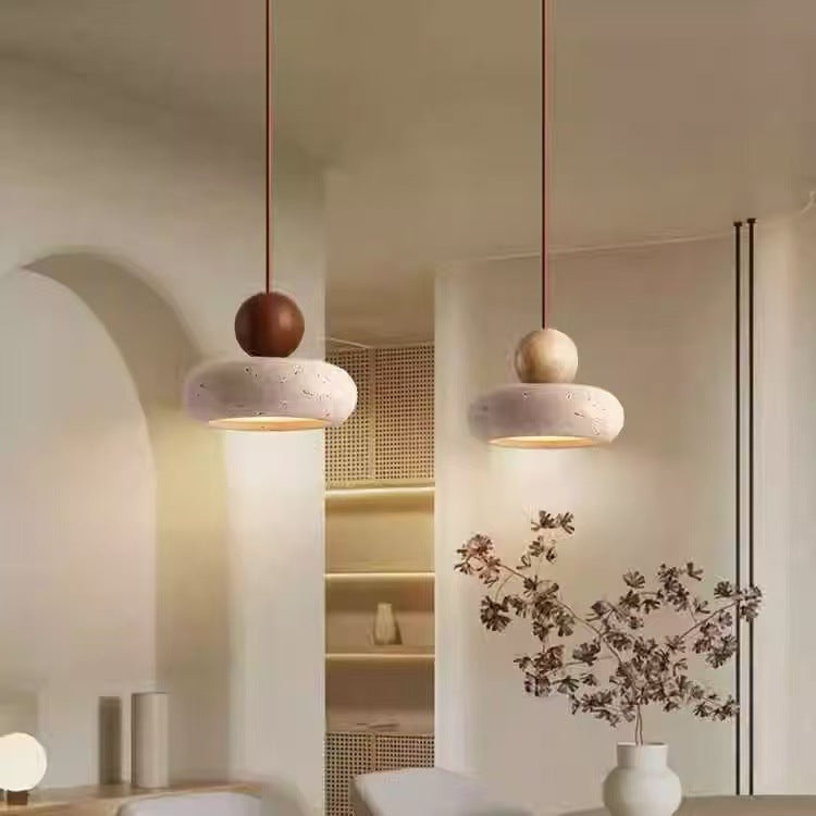 Pendant Light | Travertine Stone Saucer Lamp for Bedside, Hallway & Kitchen | Japandi Wabi Sabi, Walnut or Natural Wood, Warm or 3-Colour LED, 15cm