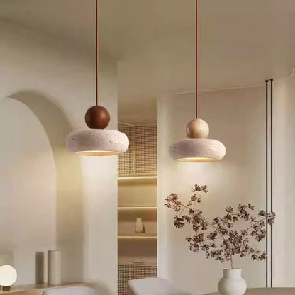 Pendant Light | Travertine Stone Saucer Lamp for Bedside, Hallway & Kitchen | Japandi Wabi Sabi, Walnut or Natural Wood, Warm or 3-Colour LED, 15cm