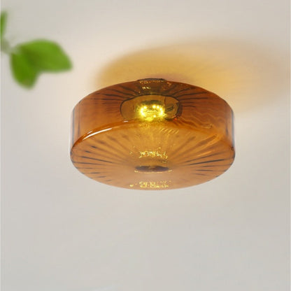 Flush Ceiling Light | Vintage Amber Ribbed Glass Lamp for Hallway, Bedroom, Kitchen & Landing | Retro Corrugated Shade, 3-Colour LED, 20cm or 28cm