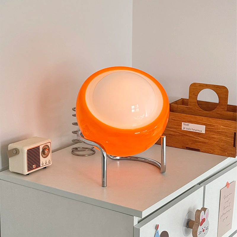 Table Lamp | Retro Orange Glass Globe Desk Lamp for Bedroom, Bedside & Study | Chrome Wire Stand, USB Powered, 3-Colour Dimmable LED