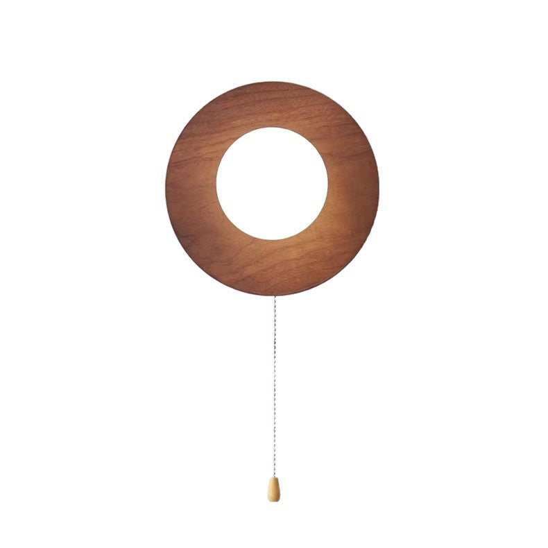 Wall Light | Walnut-Finish Wood Disc Sconce with Pull Cord Switch for Bedside, Hallway & Reading Nook | Opal Glass Globe, Warm LED, 20cm