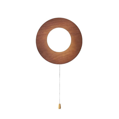 Wall Light | Walnut-Finish Wood Disc Sconce with Pull Cord Switch for Bedside, Hallway & Reading Nook | Opal Glass Globe, Warm LED, 20cm