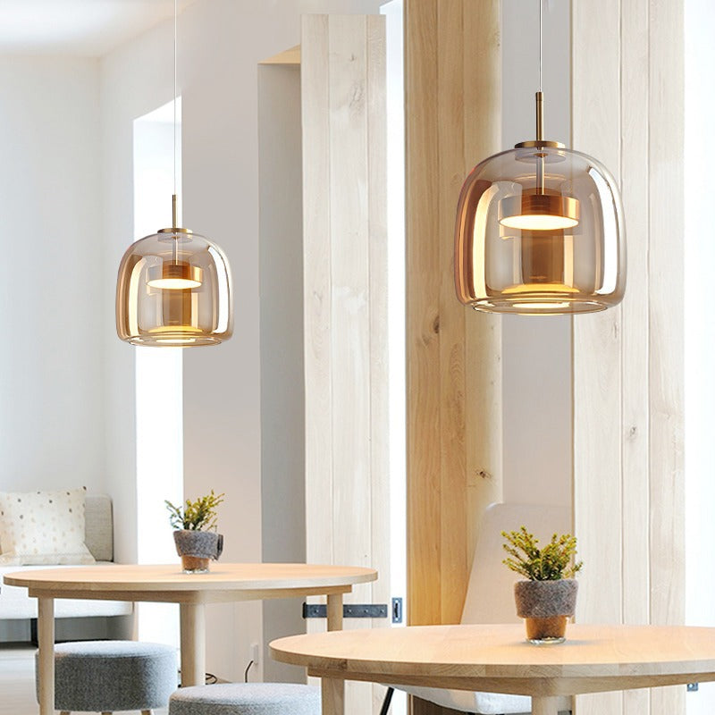 Pendant Light | Cognac or Smoke Grey Glass Halo Lamp for Kitchen Island, Dining Table & Bedside | Double-Layer Glass Dome, 3-Colour LED, 2.5m Cord
