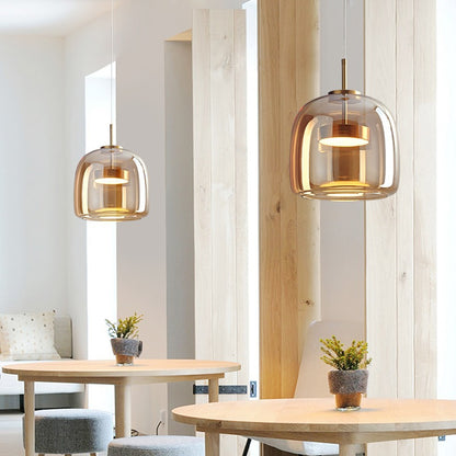 Pendant Light | Cognac or Smoke Grey Glass Halo Lamp for Kitchen Island, Dining Table & Bedside | Double-Layer Glass Dome, 3-Colour LED, 2.5m Cord
