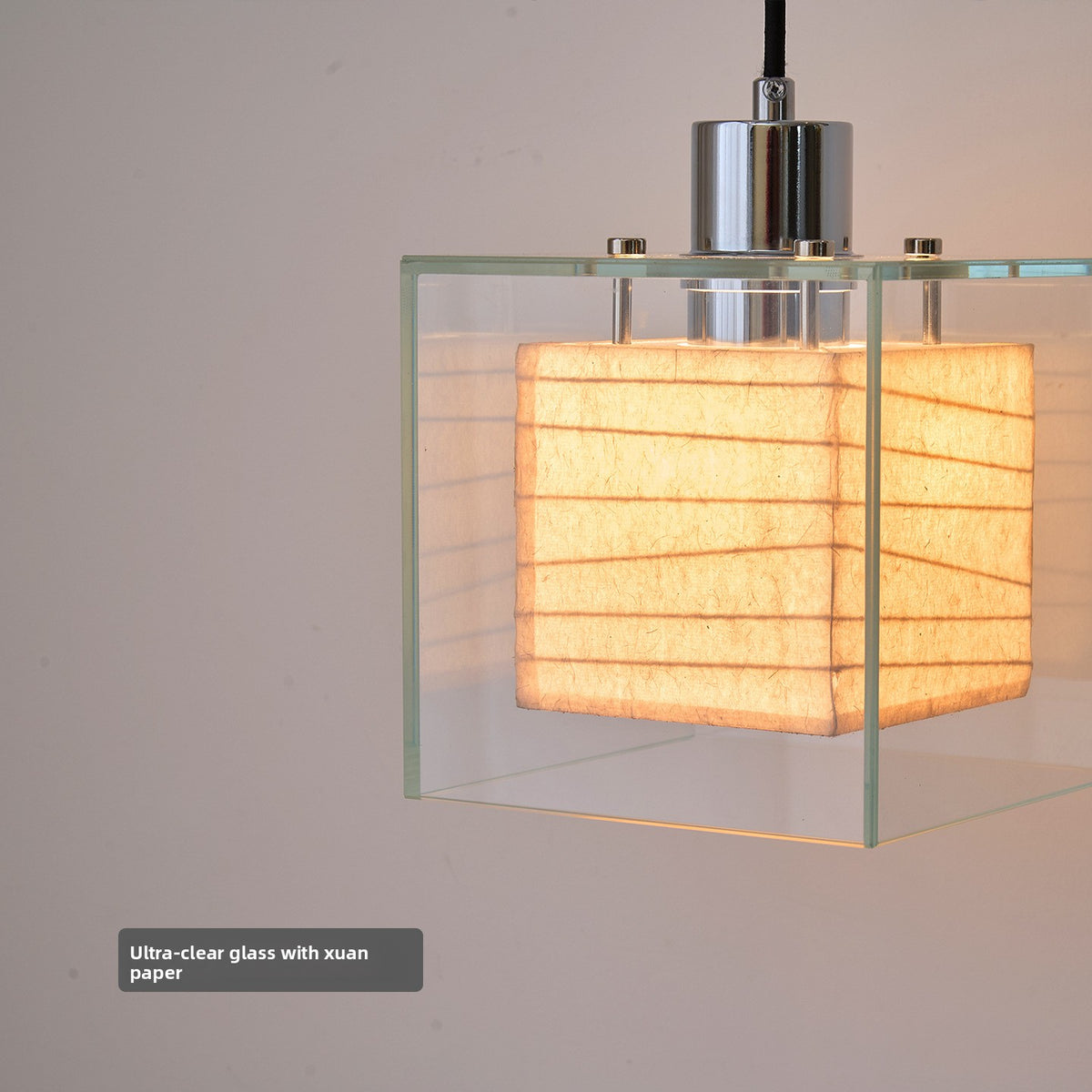 Pendant Light | Glass & Paper Cube Lamp for Bedside, Bar & Kitchen Island | Japandi Clear Glass Box with Rice-Paper Shade, E27 LED, 15cm x 18cm