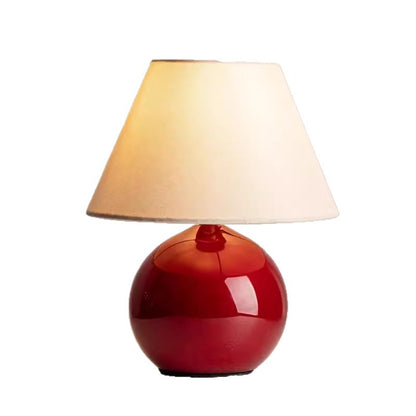 Table Lamp | Red Ceramic Ball Bedside Lamp with Cream Fabric Shade for Bedroom, Living Room & Study | Warm, 3-Colour or Dimmable LED, 36cm, UK Plug