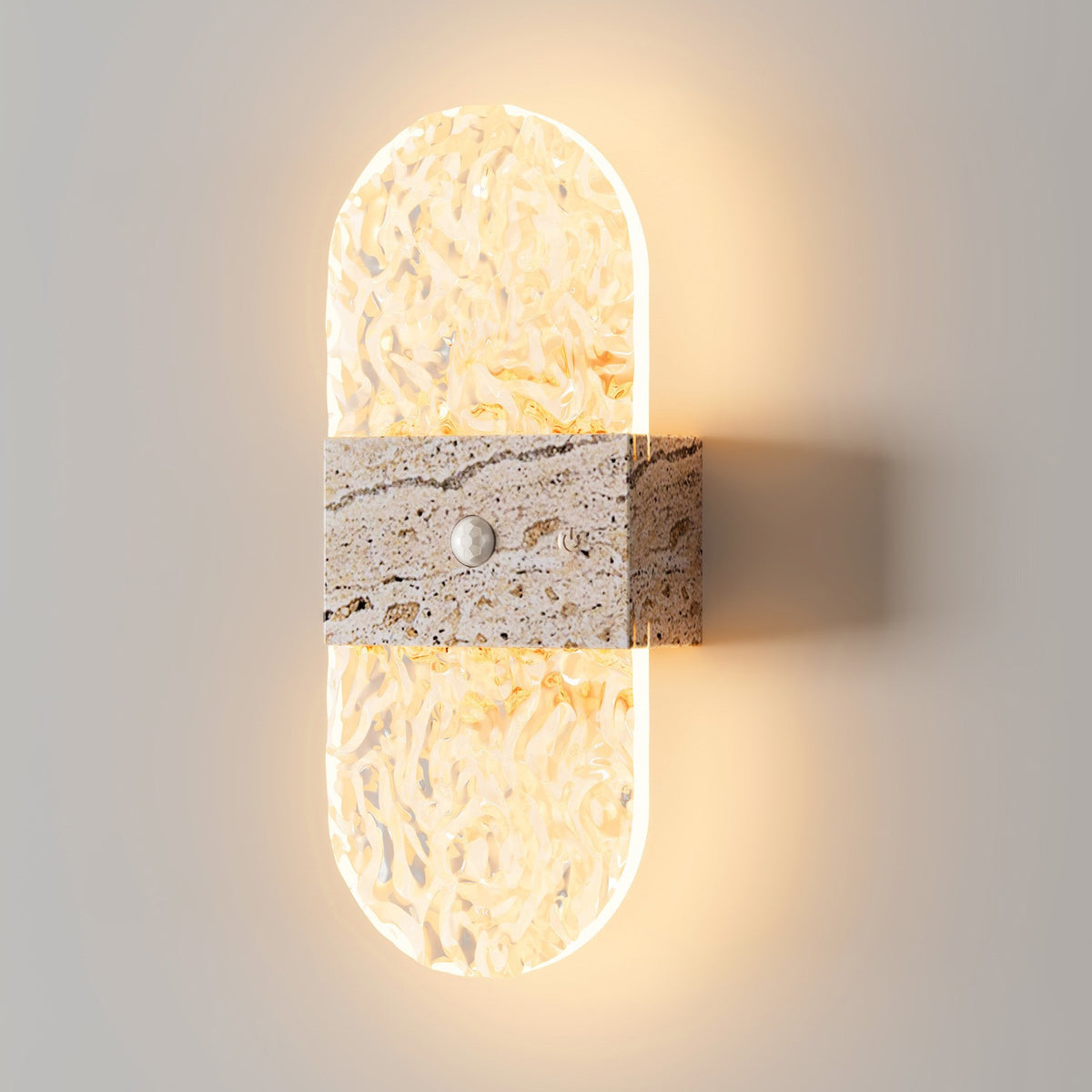 Motion Sensor Night Light | Battery Operated Crystal-Effect Wall Light for Hallway, Stairs | Stick On, No Wiring, Wood or Travertine-Effect, 20cm