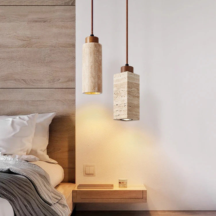 Pendant Light | Travertine Stone Column Lamp for Kitchen Island, Bedside & Hallway | Round or Square Wabi Sabi, Walnut Cap, 18.5cm or 23cm